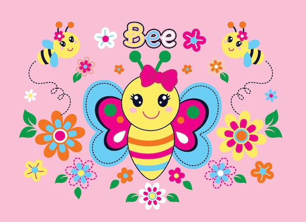 gelukkige bijen in de prachtige bloementuin vectorillustratie