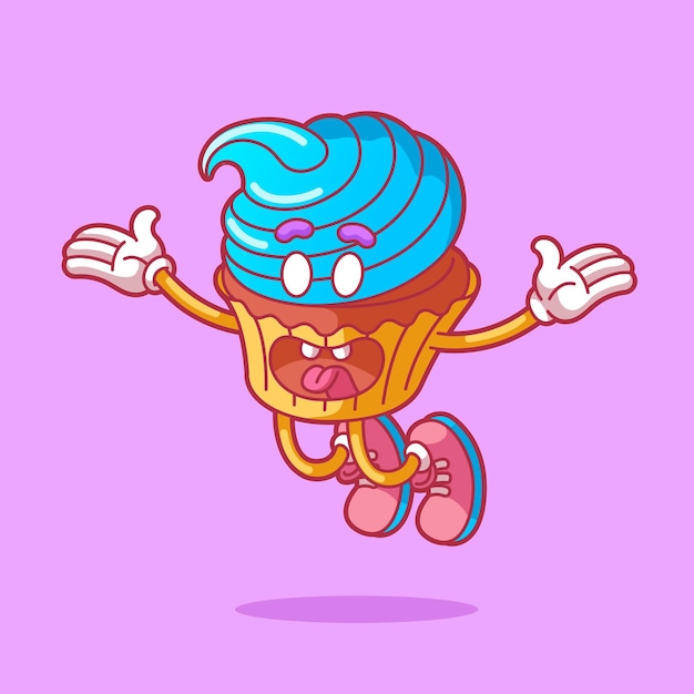 Gelukkige blauwe cupcake leuke cartoon dessert op een paarse achtergrond Cartoon sticker in strip stijl