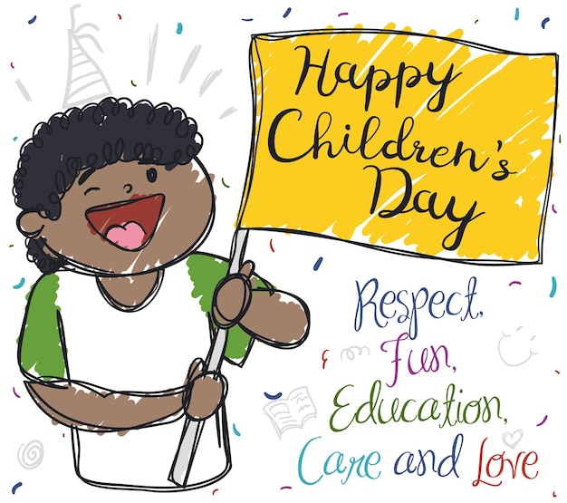 Vector gelukkige brunette kind met boodschap vieren kinderdag met vlag confetti douche en voorschriften