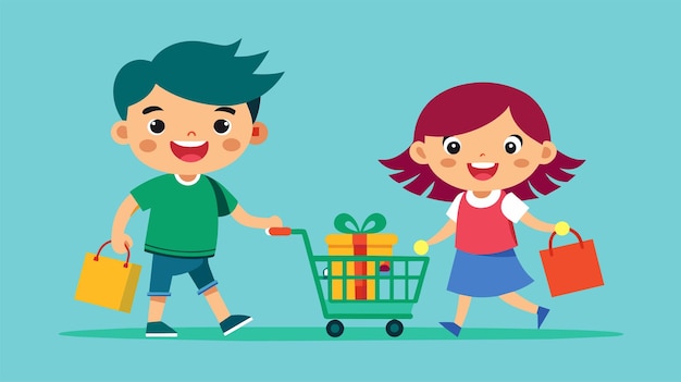 Gelukkige cartoon kinderen winkelen met een kar vol geschenken vector illustratie