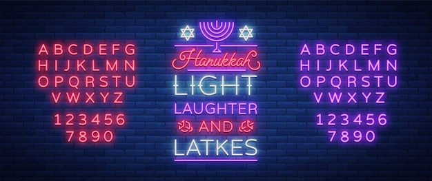 Gelukkige Chanoeka een wenskaart in een neon-stijl Vectorillustratie Neon lichtgevende tekst op het gebied van Chanoeka Bright banner lichtgevende feestelijke teken Joodse feestdag