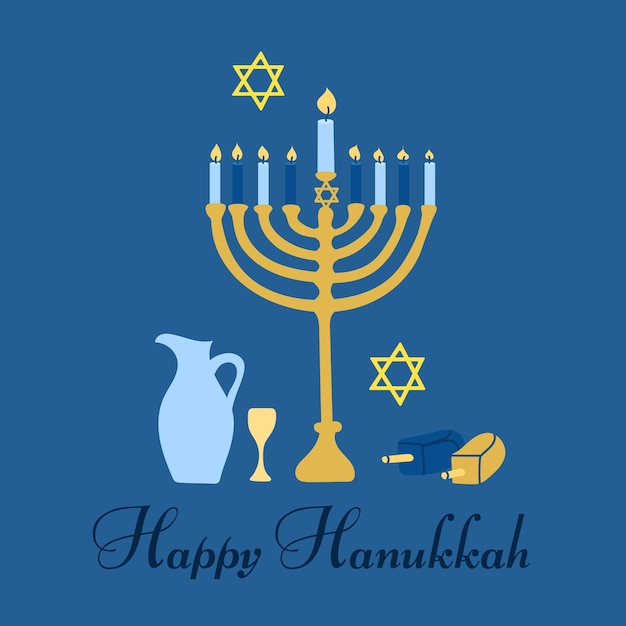 Gelukkige Chanoeka het Joodse festival van lichten Menorah kandelaar met aangestoken kaarsen en tekst Vector wenskaart blauwe achtergrond