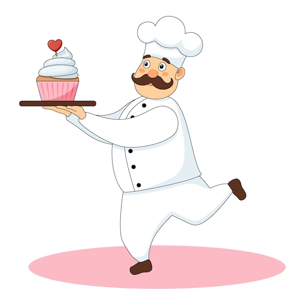 Gelukkige chef-kok die een cake met hart draagt
