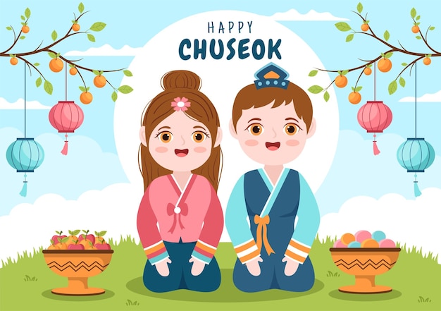 Gelukkige Chuseok-dag in Korea voor Thanksgiving in platte cartoonillustratie