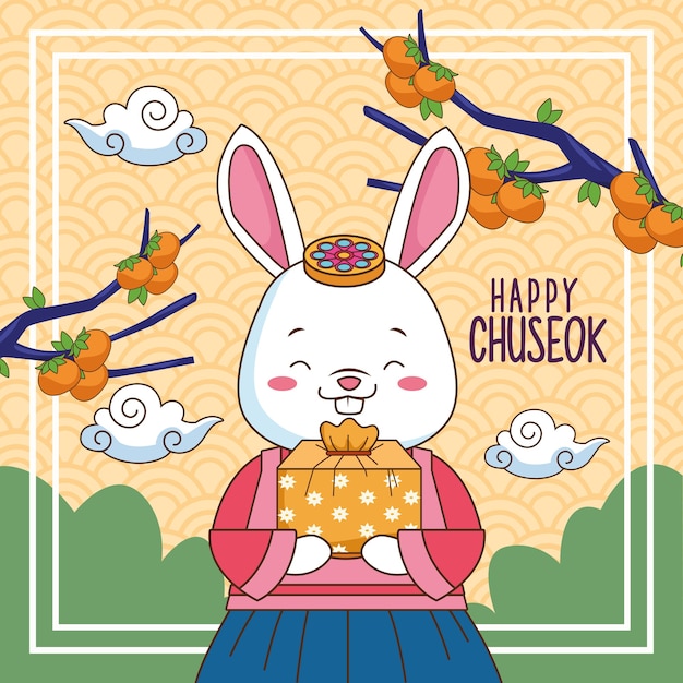Gelukkige chuseok-viering met konijn opheffend geschenk en takken van bomen