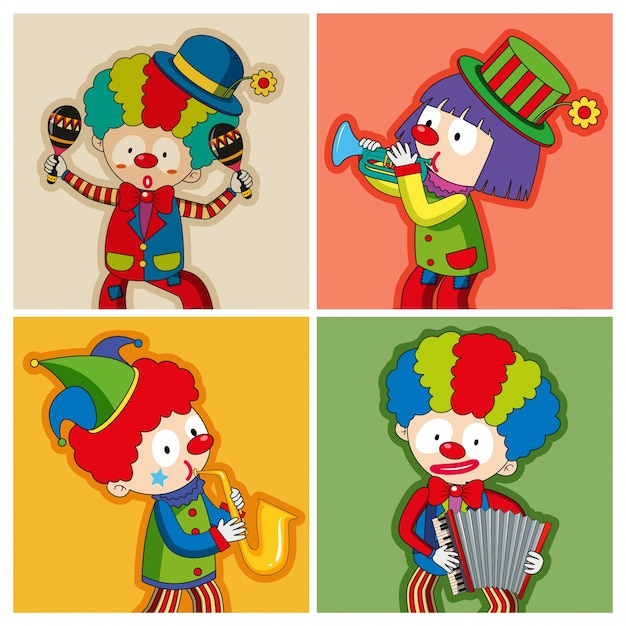 Gelukkige clowns die verschillende instrumenten spelen