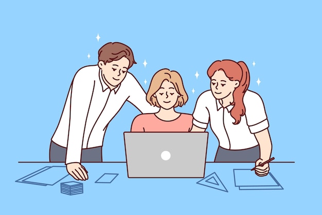 Gelukkige collega's brainstormen op de computer