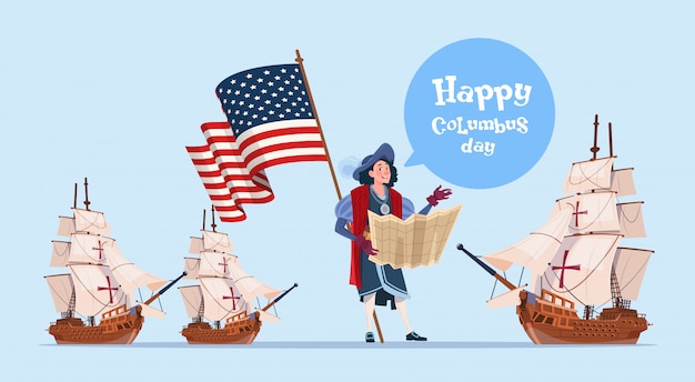 Vector gelukkige columbus day ship america discovery holiday poster wenskaart