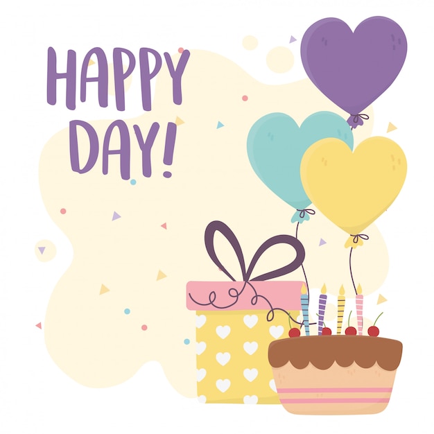 gelukkige dag, cake met kaarsen cadeau en ballonnen vormige harten illustratie