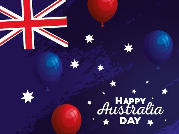 Gelukkige dag van australië met vlag en ballonnen helium vector illustratie ontwerp