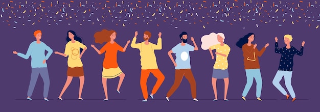Gelukkige dansers. Nachtfeestmensen dansen onder confetti zakelijke vakantiefoto's
