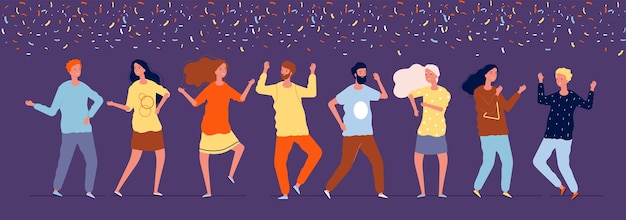 Gelukkige dansers. nachtfeestmensen dansen onder confetti zakelijke vakantiefoto's