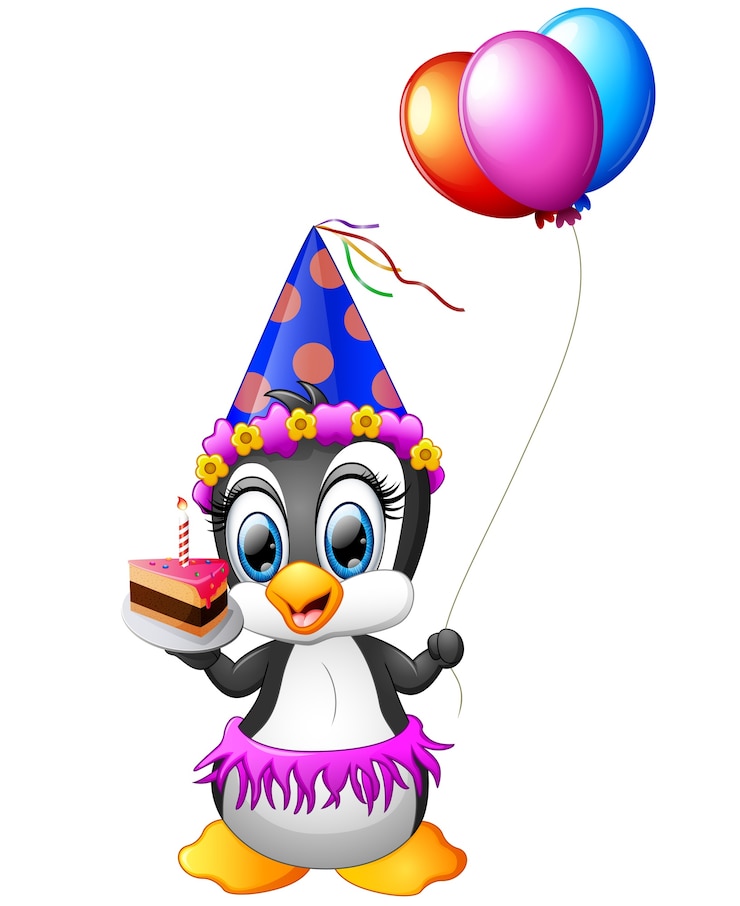 Vector gelukkige de holdingsverjaardag van het pinguïnbeeldverhaal cake en ballon