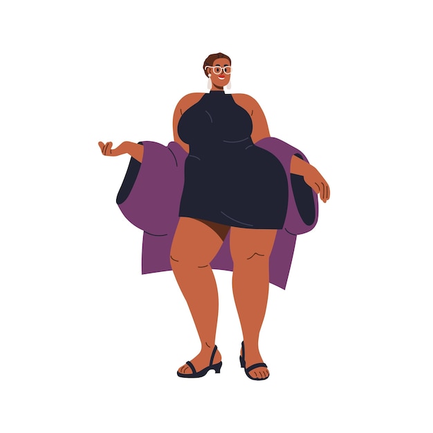 Vector gelukkige, dikke, positieve vrouw die poseert in een korte mini-jurk. jong, plusgroot vrouwelijk personage in moderne kleding. kromme, mollige figuur. platte grafische vectorillustratie geïsoleerd op witte achtergrond.