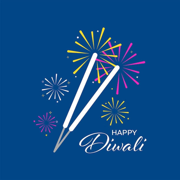 Gelukkige Diwali-belettering met sprankelende stokken op blauwe achtergrond