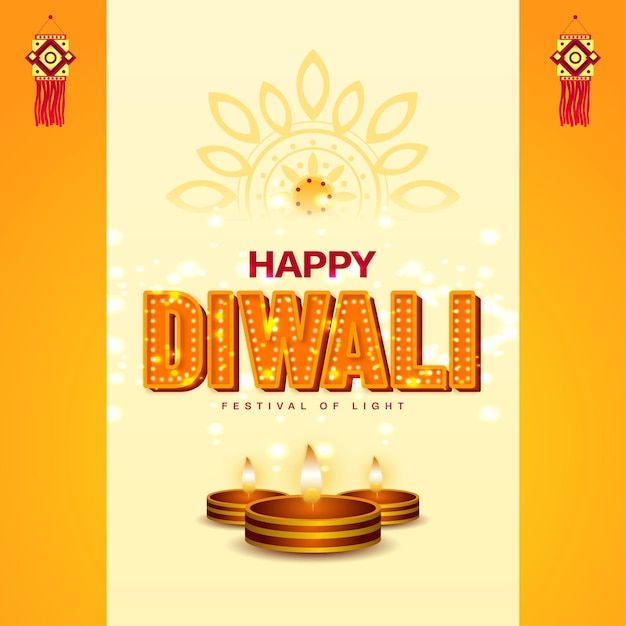 Gelukkige Diwali-crème en gele achtergrond met olielamp en lichtdecoratie social media post