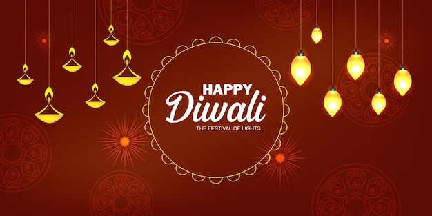 Gelukkige diwali-festivalbanner met verlichting en diya-decoratie