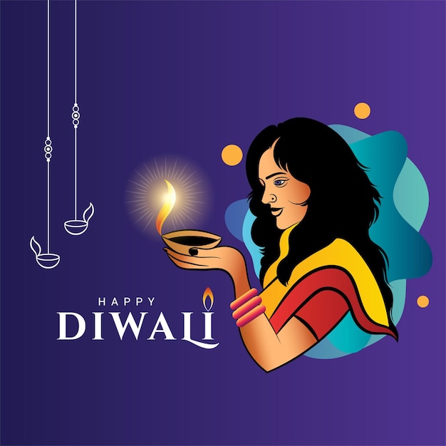 Gelukkige diwali-groet met india vrouw hand diya lamp illustratie