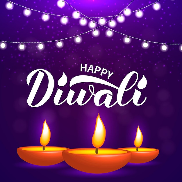 Gelukkige Diwali kalligrafie hand belettering met brandende diya kaarsen traditionele Indiase festival van lichten typografie poster Vector sjabloon voor banner flyer sticker briefkaart wenskaart