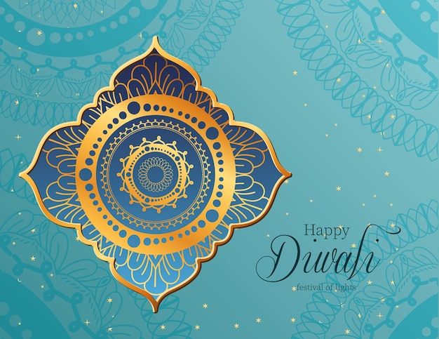 Gelukkige diwali-mandala in kader op blauw ontwerp als achtergrond, festival van lichtenthema.