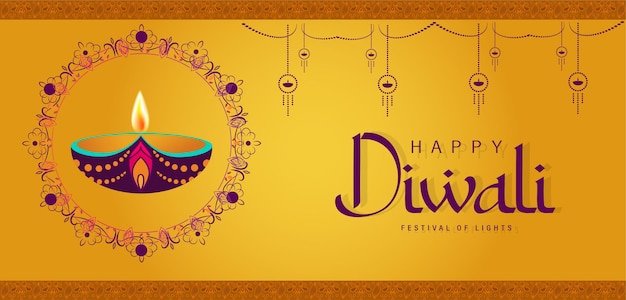 Gelukkige Diwali Poster met Diya Lamp en Peacock vectorillustratie. Indisch lichtfestival Design