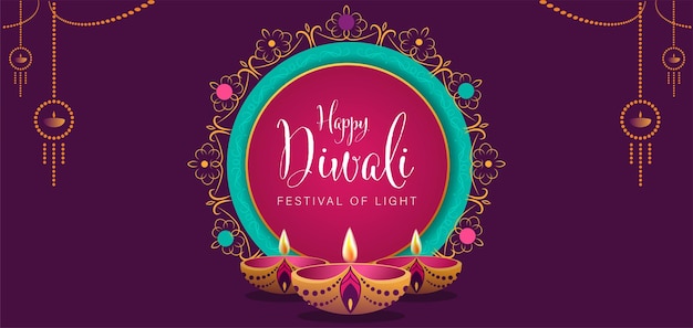 Gelukkige Diwali Poster met Diya Lamp en Peacock vectorillustratie. Indisch lichtfestival Design