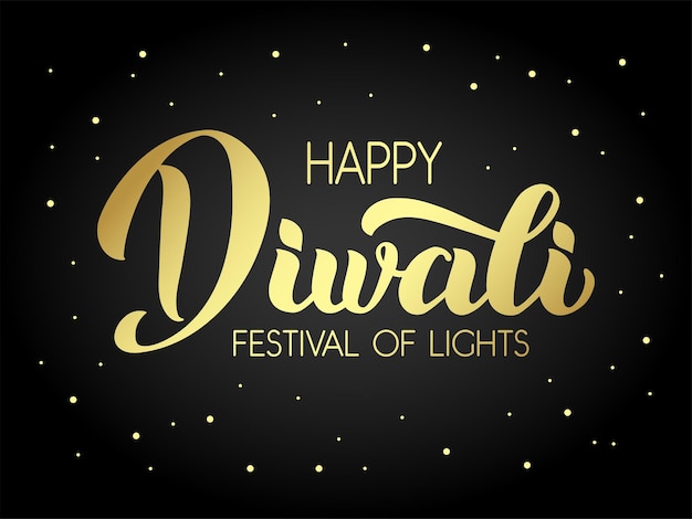 Gelukkige Diwali vector handgeschreven letters gouden kalligrafie op zwarte achtergrond