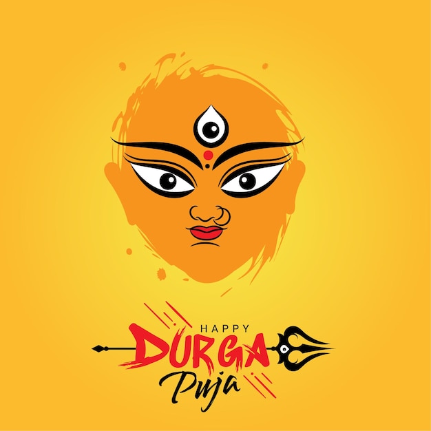 Gelukkige Durga Puja-banner met godin durga-gezichtsillustratie, trishul en belettering