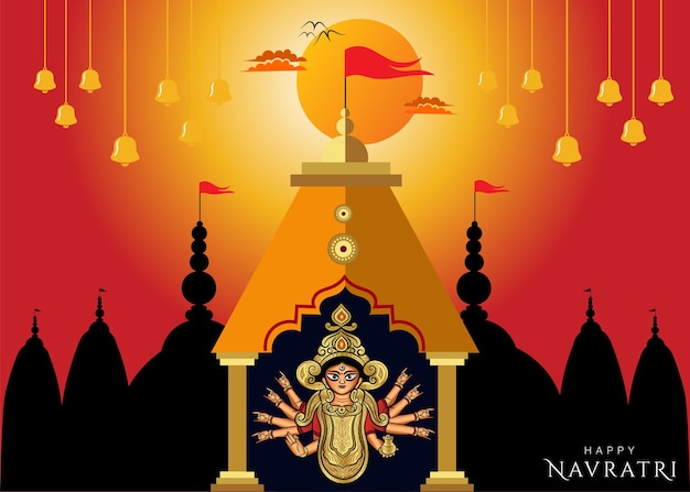 Vector gelukkige durga-puja en navratri-groeten met godin durga-tempelillustratie