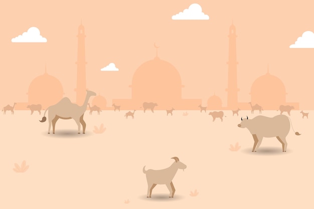 gelukkige eid al Adha-illustratie met geiten, schapen, koeien en kameel