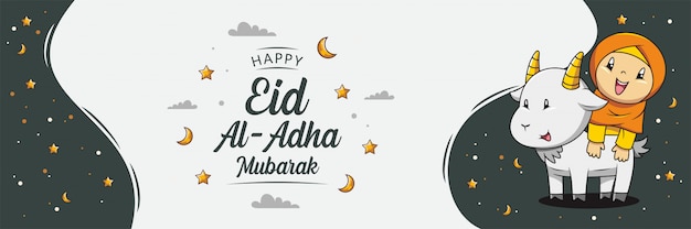 Gelukkige eid al adha mubarak-banner. hand getekend schattig moslim meisje cartoon en geit