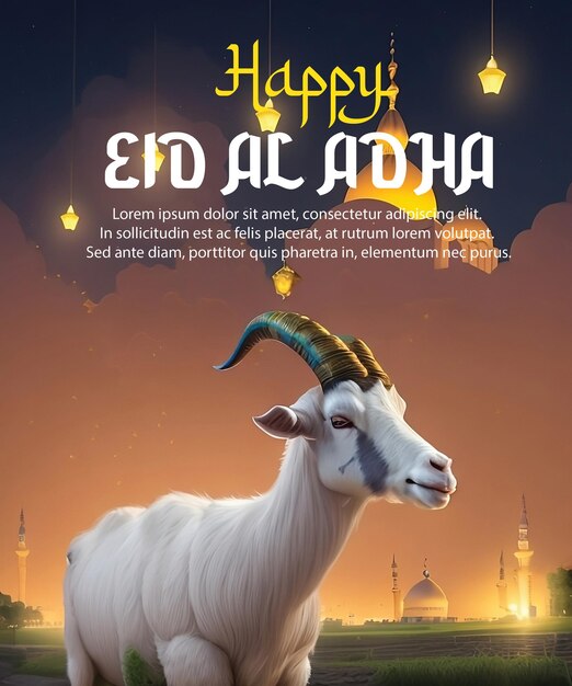 Gelukkige eid aladha mubarak witte geit met moskee