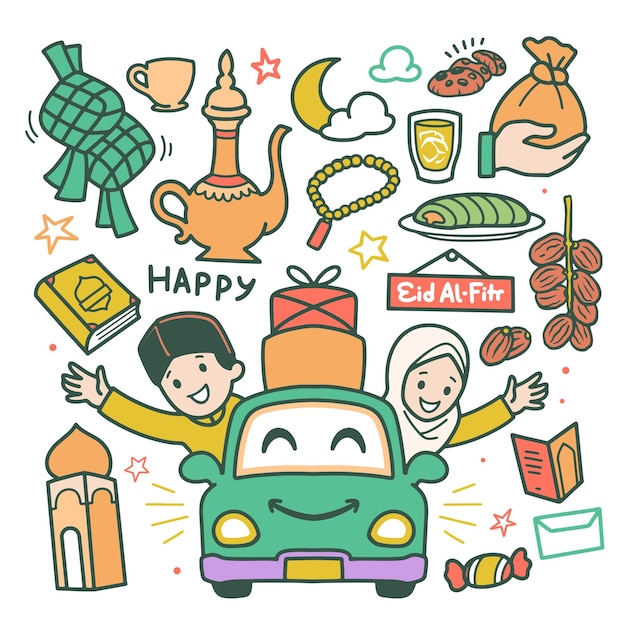 Gelukkige Eid alfitr lebaran doodle
