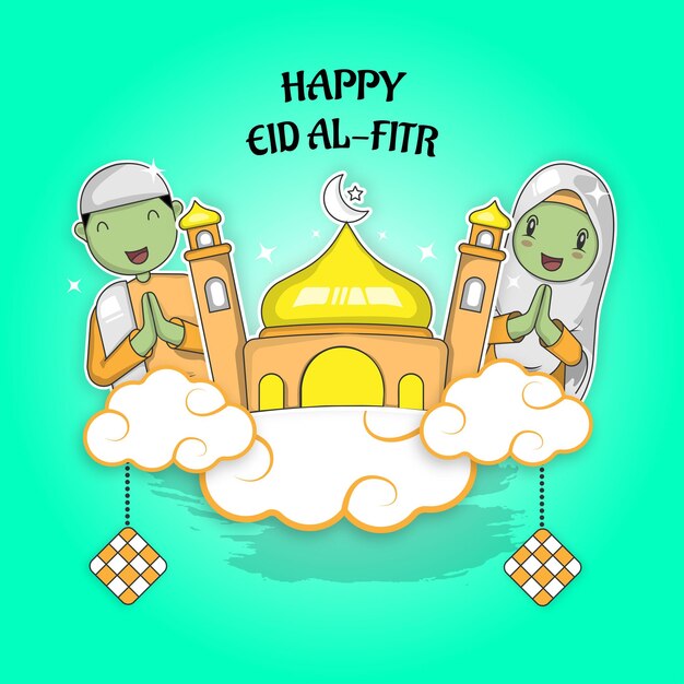 Vector gelukkige eid alfitr platte doodle vectorillustratie