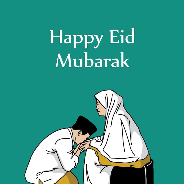 Gelukkige Eid Mubarak-groet met een illustratie van een persoon die de hand van zijn moeder kust