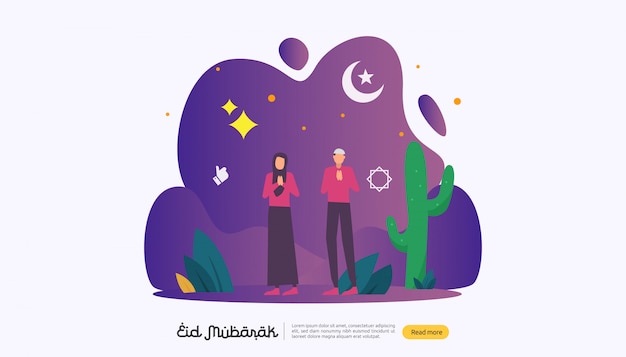 Gelukkige eid mubarak met mensenkarakter voor web-landende pagina