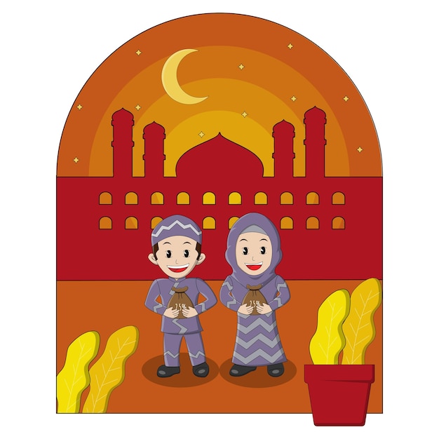 Gelukkige Eid Mubarak moslimkinderen vieren Eid AlFitr met het betalen van aalmoezen