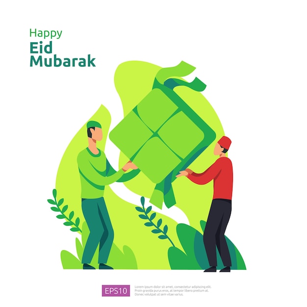 Gelukkige eid mubarak of ramadan-groet met mensenkarakter. islamitisch ontwerpillustratieconcept voor sjabloon voor webbestemmingspagina, sociaal, poster, advertentie, promotie, gedrukte media, banner of presentatie