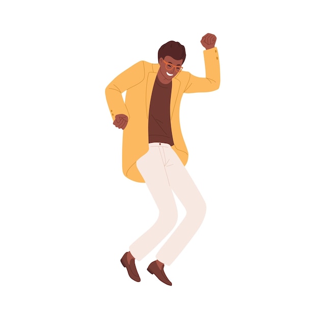 Gelukkige energieke man met zwarte huid die vreugde uitdrukt door te springen en te dansen. Winnaar die succes, prestatie en overwinning viert. Gekleurde platte vectorillustratie geïsoleerd op een witte achtergrond.