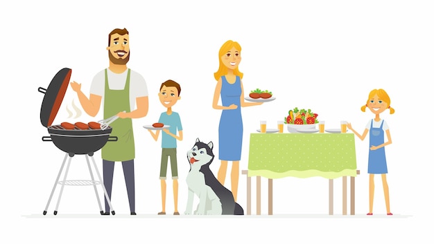 Gelukkige familie bij de barbecue - moderne cartoon personen personages illustratie geïsoleerd op een witte achtergrond. een afbeelding van een man die gegrild vlees bereidt en een moeder die eten serveert, kinderen die ouders helpen