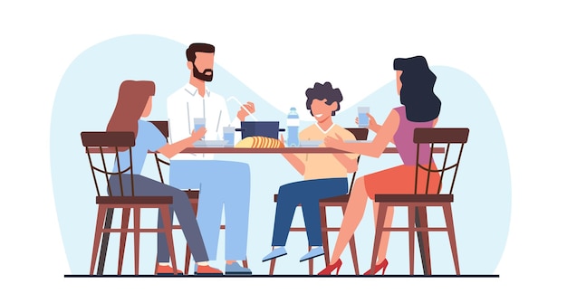 Gelukkige familie dinert aan de keukentafel Ouders met kinderen Moeder vader en kinderen eten samen Ontbijt of lunch Weekendmaaltijd Cartoon platte geïsoleerde vector concept