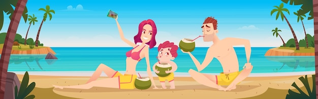 Gelukkige familie drinkt kokosnotencocktails op strand familievakantie tropisch resort