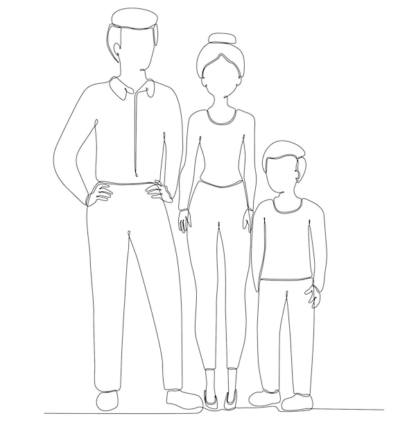 Gelukkige familie in doorlopende lijntekeningen tekenstijl. vooraanzicht van ouders met klein kind