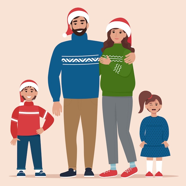 Gelukkige familie in warme kleding met kerstmis in vlakke stijl