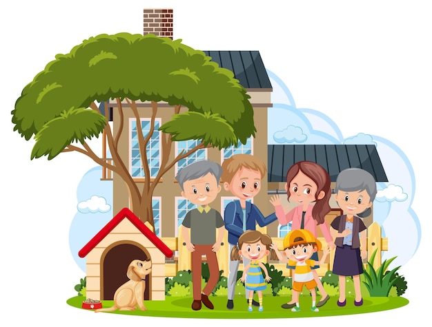 Gelukkige familie infront van het huis op witte achtergrond