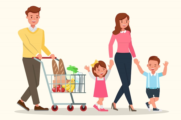 Vector gelukkige familie, kopen van voedsel in supermarkten.