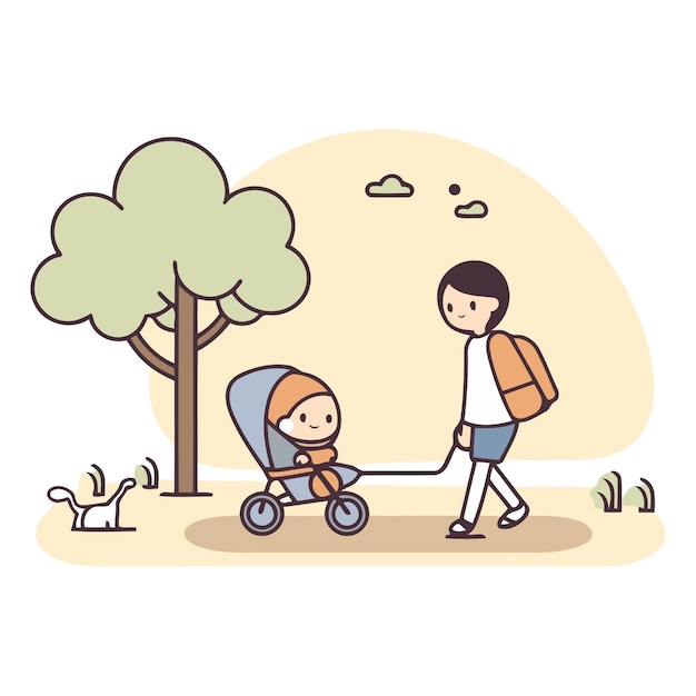 Vector gelukkige familie loopt met een kinderwagen in het park. vlakke vectorillustratie.