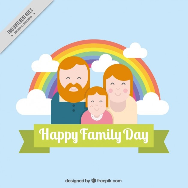 Vector gelukkige familie met een regenboog in plat design