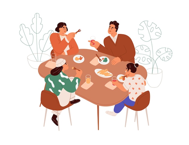 Gelukkige familie met maaltijd, diner aan tafel. Ouders en kinderen zitten en eten. Moeder, vader en kinderen, jongen en meisje, praten samen tijdens de lunch. Platte vectorillustratie geïsoleerd op een witte achtergrond