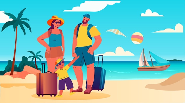 Gelukkige familie met zoon en bagage die samen staan op tropisch strand zomervakantie vakantie tijd om te reizen concept